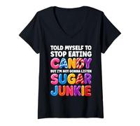 Women's Candy Funny Sugar Junkie V-Neck T-Shirt