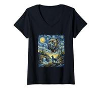 Women's Cane Corso Dog Moon Howling Starry Night Van Gogh Art Style V-Neck T-Shirt