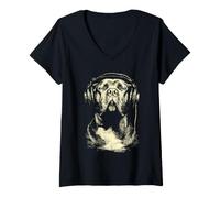 Women's Cane Corso with Headphones Dog DJ Festival Music Lover V-Neck T-Shirt