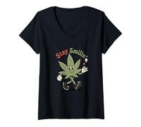 Women's Canna artoon Stay Smilin' Retro Weed Stoner 420 V-Neck T-Shirt