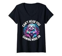 Women's Cant Hear You Gaming Mode On Sloth Video Games Gamer V-Neck T-Shirt