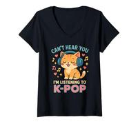 Womens Can't Hear You I'm Listening To K-pop Cat Kawaii V-Neck T-Shirt
