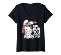 Womens Can't Hear You I'm Listening to K-Pop Cute Bunny K-Pop V-Neck T-Shirt
