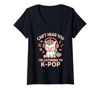 Womens Can't Hear You I'm Listening To K-pop Unicorn Kawaii V-Neck T-Shirt