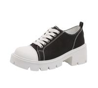 Women's Canvas Chunky Block Heel Platform Lace-up Pumps Textile Upper Round Toe Thick Notch Wedge Sole Contrast Stitching | Casual Street Style for Going Out City