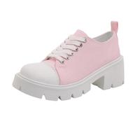 Women's Canvas Chunky Block Heel Platform Lace-up Pumps Textile Upper Round Toe Thick Notch Wedge Sole Contrast Stitching | Casual Street Style for Going Out City, 01 Pink, 7 UK