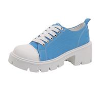 Women's Canvas Chunky Block Heel Platform Lace-up Pumps Textile Upper Round Toe Thick Notch Wedge Sole Contrast Stitching | Casual Street Style for Going Out City