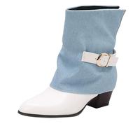 Women's Canvas Mid-Calf Boots, Pointed Toe, Grey and Black with Buckle Detail, 6cm Heel, Leopard Print Option, Fashion Casual Outdoor Footwear