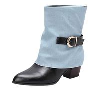 Women's Canvas Mid-Calf Boots, Pointed Toe, Grey and Black with Buckle Detail, 6cm Heel, Leopard Print Option, Fashion Casual Outdoor Footwear