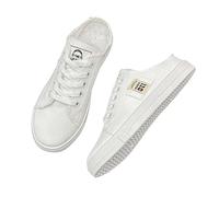 Women's Canvas Shoes Slippers Comfortable Non-Slip Low Skate Shoe Slip On Mules Sneakers Lightweight Breathable Canvas Shoes Classic Adjustable Straps Trainers, White, 8 UK