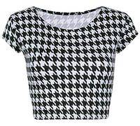 Womens Cap Sleeve Crop Top Ladies Round Neck Stretch Plain Vest T Shirt (Dog Tooth, UK 8-10)