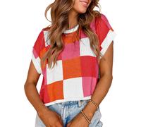 Women's Cap Sleeve Crop Tops Summer Color Block Going Out Crew Neck Knit Trendy Casual Sweater (Red, XL)