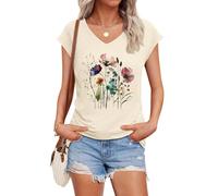 Womens Cap Sleeve Vintage Flowers V Neck Shirt Boho Floral Wildflowers Graphic Tees Funny Cottagecore Tops