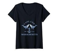 Women's Cape Cod Massachusetts Vintage Whales Anchor Nautical V-Neck T-Shirt