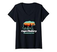 Womens Cape Flattery Washington Fishing Summer Bear V-Neck T-Shirt