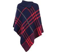 Womens Cape Shawl Wrap Long Knitted Sweater Folded Roll Neck Button Jumper Ladies Poncho Top One Size (UK, Alpha, One Size, Regular, Regular, Check Navy Blue)