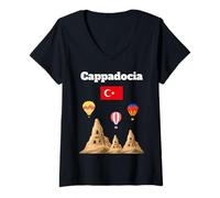 Womens Cappadocia Turkish Souvenir Hot air balloon Turkey flag V-Neck T-Shirt
