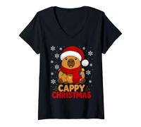 Women's Cappy Christmas Cute Capybara Wearing A Santa Hat V-Neck T-Shirt