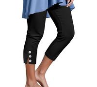 Women's Capri Leggings High Waist Summer Stretch Soft Casual Workout Yoga 3 Quarter Length Pants Slim Fit Solid Color Button Side Split Vacation Beach Cropped Pants (Black, L)