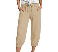 Women's Capri Trousers Elasticated Waist Drawstring Cropped Trousers Lightweight Cotton Linen Cuffed Ankles Pants with Pockets Ladies Summer Casual Loose Holiday Beach Pants Khaki