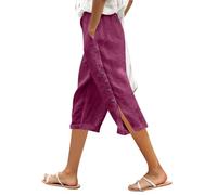 Womens Capri Trousers, Ladies Lightweight Trousers, Women’S Solid Color Elastic Waist Loose Fit Side Button Functional Three Quarter Casual Pants