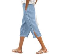 Womens Capri Trousers, Ladies Lightweight Trousers, Women’S Solid Color Elastic Waist Loose Fit Side Button Functional Three Quarter Casual Pants