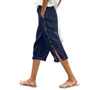 Womens Capri Trousers, Ladies Lightweight Trousers, Women’S Solid Color Elastic Waist Loose Fit Side Button Functional Three Quarter Casual Pants