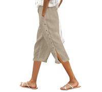 Womens Capri Trousers, Ladies Lightweight Trousers, Women’S Solid Color Elastic Waist Loose Fit Side Button Functional Three Quarter Casual Pants