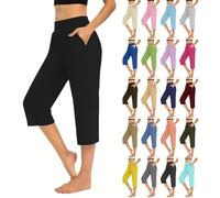 Women's Capri Trousers Ladies Three Quarter Soft 3/4 Cropped Pants Stretch Elasticated Waist Pull On Trousers Plus Size Below Knee Length Summer Long Shorts Light Blue