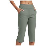 Womens Capri Trousers Ladies Three Quarter Soft 3/4 Cropped Pants UK Ladies Stretch Trousers Elasticated Waist Plus Size Women Capri Leggings Summer Pants with Pockets Elegant Trouser (Light Green, S)