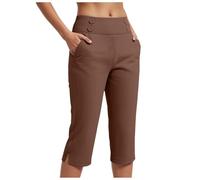 Womens Capri Trousers Ladies Three Quarter Soft 3/4 Cropped Pants UK Ladies Stretch Trousers Elasticated Waist Plus Size Women Capri Leggings Summer Pants with Pockets Elegant Trouser (Brown, L)
