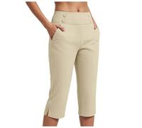 Womens Capri Trousers Ladies Three Quarter Soft 3/4 Cropped Pants UK Ladies Stretch Trousers Elasticated Waist Plus Size Women Capri Leggings Summer Pants with Pockets Elegant Trouser (Beige, M)