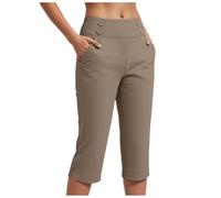 Womens Capri Trousers Ladies Three Quarter Soft 3/4 Cropped Pants UK Ladies Stretch Trousers Elasticated Waist Plus Size Women Capri Leggings Summer Pants with Pockets Elegant Trouser (Coffee, XL)
