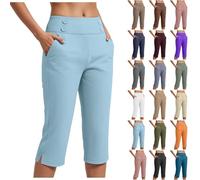 Womens Capri Trousers Ladies Three Quarter Soft 3/4 Cropped Pants UK Ladies Stretch Trousers Elasticated Waist Plus Size Women Capri Leggings Summer Pants with Pockets Elegant Trouser (Sky Blue, XL)