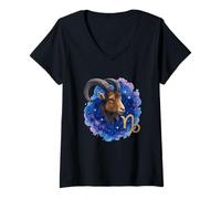 Womens Capricorn Cosmic Watercolor Graphic V-Neck T-Shirt