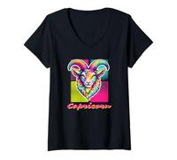 Women's Capricorn Neon Goat Head Retro Zodiac Design, Goat Lovers V-Neck T-Shirt