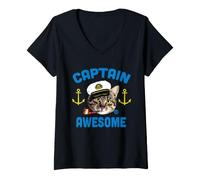 Women's Captain Awesome Funny Cat V-Neck T-Shirt