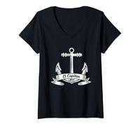 Women's Captain El Capitán Nautical Spanish Sailor Graphic Emblem V-Neck T-Shirt