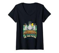 Women's Captain Gulls The Pier Patrol Seagull Ocean Sunset Dock V-Neck T-Shirt