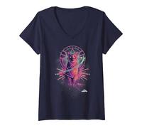 Women's Captain Marvel Goose The Cat Galaxy Portrait V-Neck T-Shirt, Navy Blue, Medium