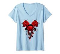 Women's Captured Bleeding Heart in Twin THORNED RED Roses V-Neck T-Shirt, Baby Blue, X-Large
