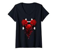 Women's Captured Bleeding Heart in Twin THORNED RED Roses V-Neck T-Shirt, Black, XX-Large