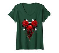 Women's Captured Bleeding Heart in Twin THORNED RED Roses V-Neck T-Shirt, Dark Green, Large