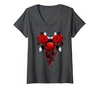 Women's Captured Bleeding Heart in Twin THORNED RED Roses V-Neck T-Shirt, Dark Heather Grey, Medium