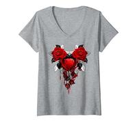 Women's Captured Bleeding Heart in Twin THORNED RED Roses V-Neck T-Shirt, Heather Grey, Medium