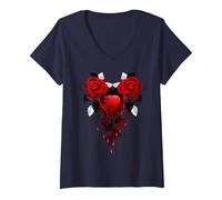 Women's Captured Bleeding Heart in Twin THORNED RED Roses V-Neck T-Shirt, Navy Blue, Small
