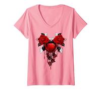 Women's Captured Bleeding Heart in Twin THORNED RED Roses V-Neck T-Shirt, Pink, XX-Large