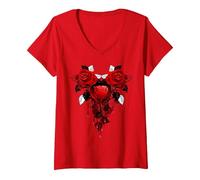 Women's Captured Bleeding Heart in Twin THORNED RED Roses V-Neck T-Shirt, Red, Large