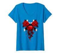 Women's Captured Bleeding Heart in Twin THORNED RED Roses V-Neck T-Shirt, Sapphire Blue, Medium