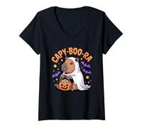 Womens CAPY-Boo-RA Halloween with Cute Ghost Capybara V-Neck T-Shirt